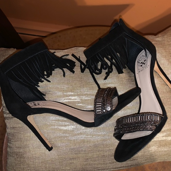 Beautiful Vince Camuto black leather suede ankle strap dress sandal size 8/38 - Picture 7 of 8